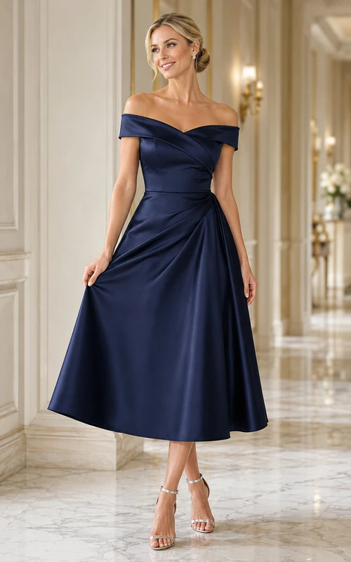 Vestido formal elegante de satén azul marino oscuro, largo hasta la rodilla, con hombros descubiertos y corte en A.