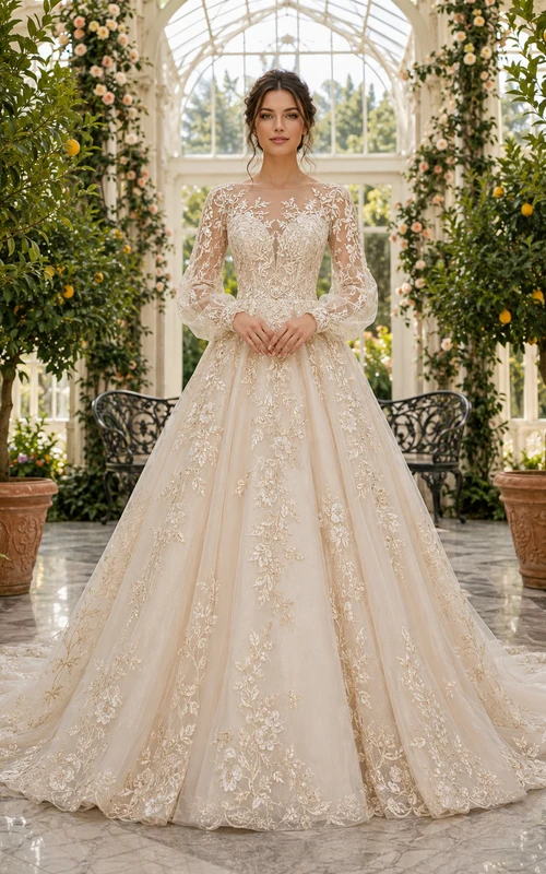 High Neck Long Sleeve Floral Conservatory Ball Gown