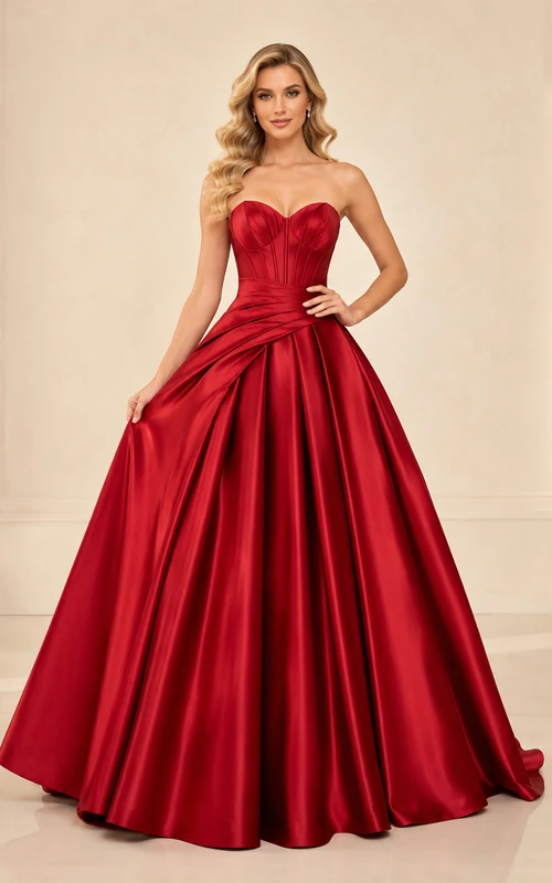 Lujoso vestido de noche formal rojo sin tirantes con escote corazón, fruncido y cola larga, de satén.