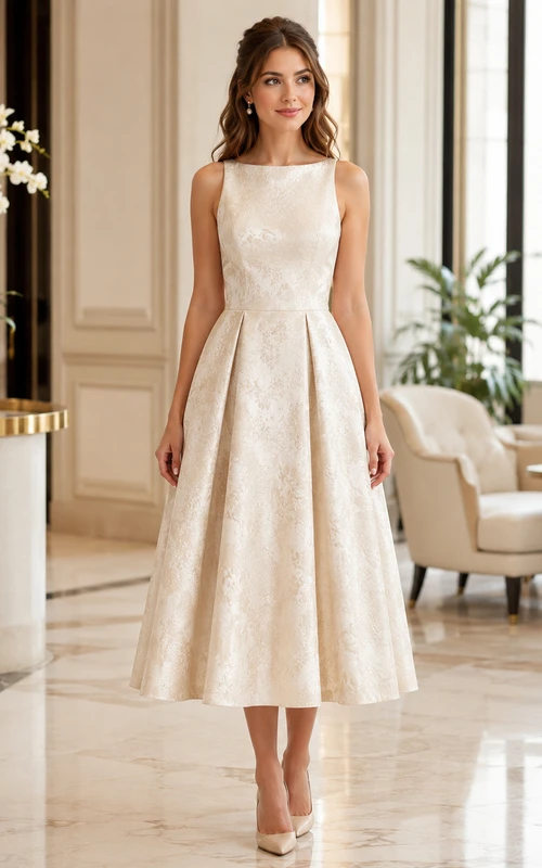 Vintage Civil Jacquard A Line Bateau Sleeveless Tea Length Wedding Dress