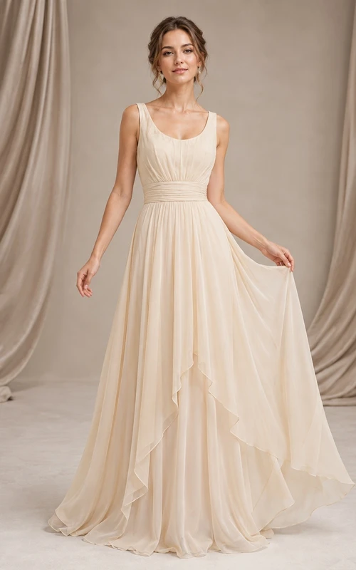 Champagne Square Neck Pleated Chiffon Gown Classic Occasion