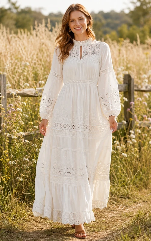 Subtle Modest Chiffon Lace High Neck Long Sleeve A-Line Floor-Length Bohemian Dress