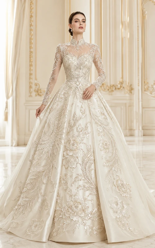 Robe de bal en dentelle florale à manches longues et col montant, traîne chapelle illusion
