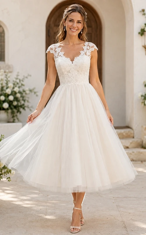Romantic Cap Sleeve Floral Lace Tulle A-Line Tea-Length Vow Renewal Wedding Dress
