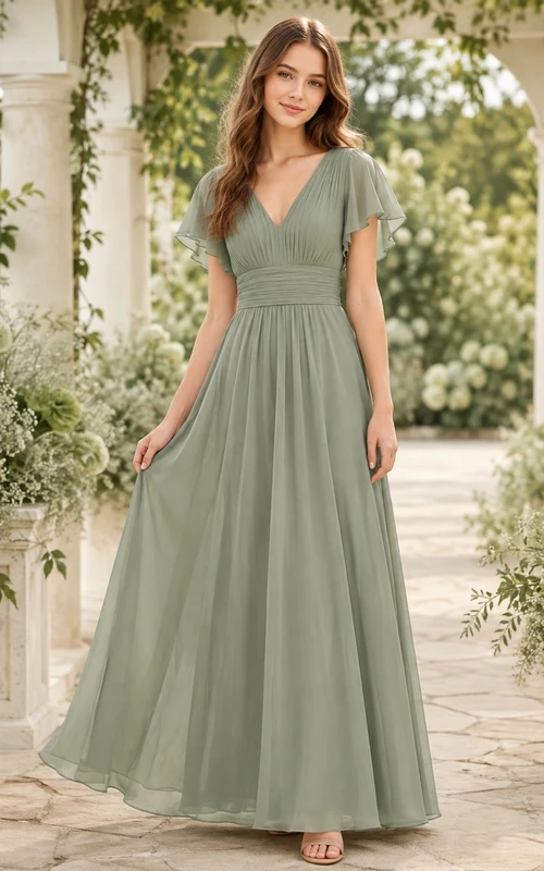 Elegantes Brautjungfernkleid in Celadon-Optik, A-Linie, V-Ausschnitt, kurze Ärmel