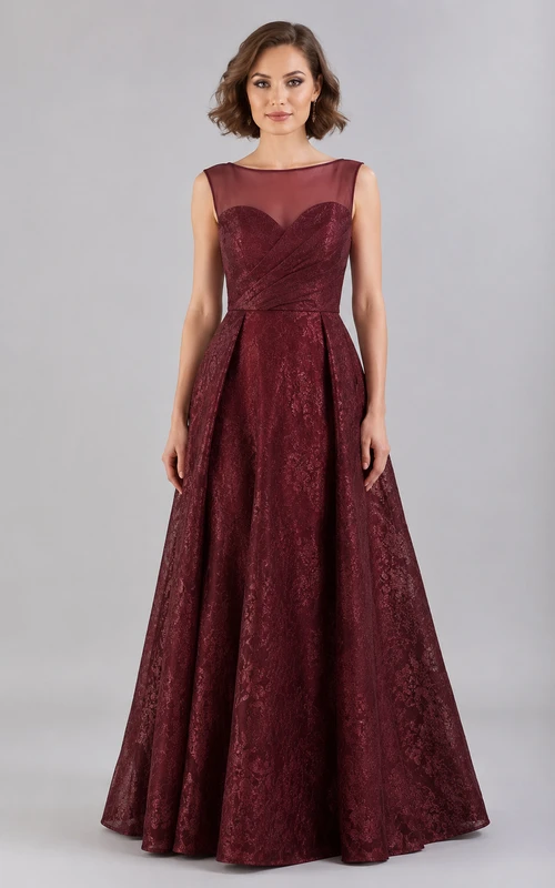 Vestido de noche burdeos con escote barco y corte en A, con corpiño de encaje.
