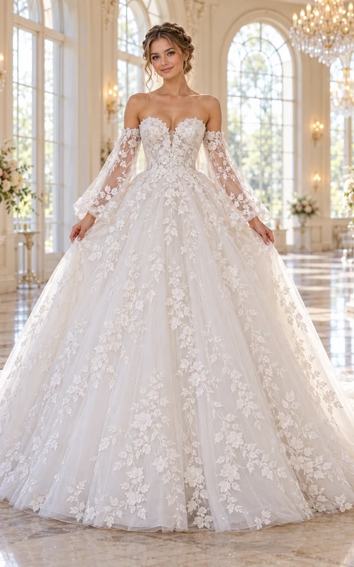 Off Shoulder Bell Sleeve Floral Tulle Ball Gown Wedding Dress