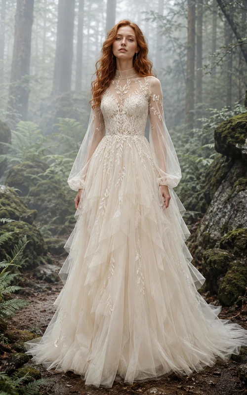 Märchenhaftes Brautkleid aus langärmeligem, mehrlagigem Tüll im Waldstil