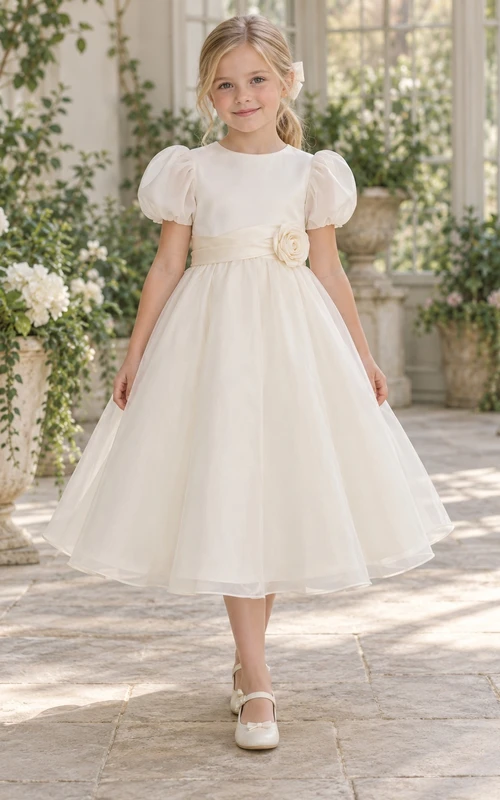 Schlichtes elfenbeinfarbenes, teelanges Organza-Blumenmädchenkleid mit abgerundeten Puffärmeln, geschwungener Schärpe und Rosettenapplikation