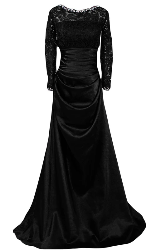 Vestido largo de corte A con drapeado y encaje, de manga larga.