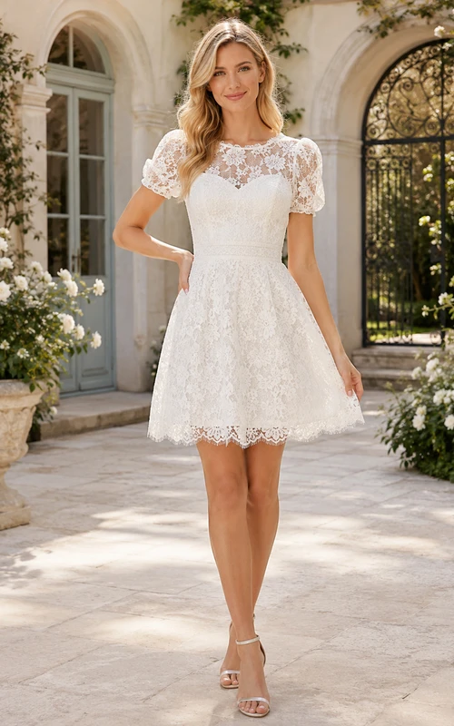 Robe de mariée courte trapèze en dentelle illusion bateau à manches courtes et ourlet bateau