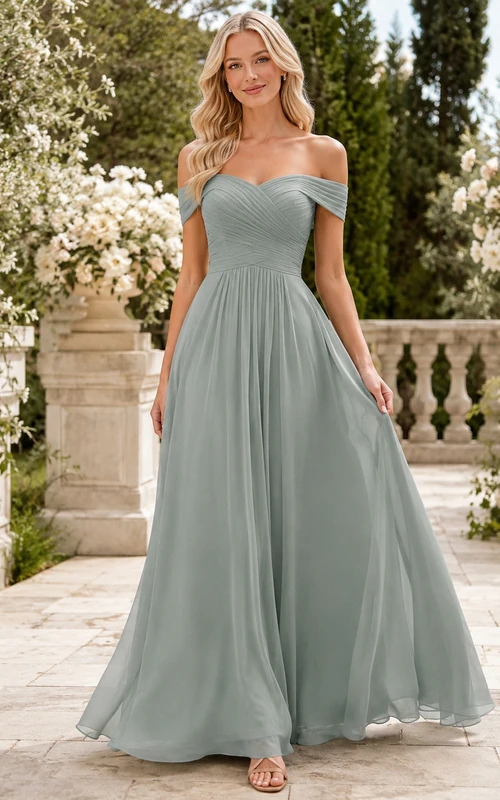 Robe de demoiselle d'honneur romantique en mousseline Celadon Harmony, coupe trapèze, longueur au sol, épaules dénudées, manches courtes, style trapèze.