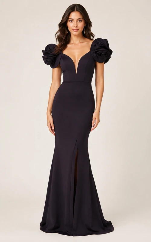 Robe de soirée sirène noire à décolleté plongeant et manches roses