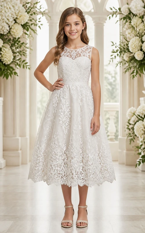 Romantic Flower Girl Tea-length A-Line Bateau Sleeveless Lace Dress