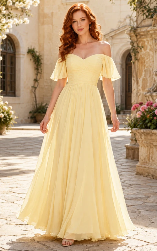 Robe de soirée en mousseline couleur jonquille, coupe trapèze, épaules dénudées, manches courtes, longueur au sol