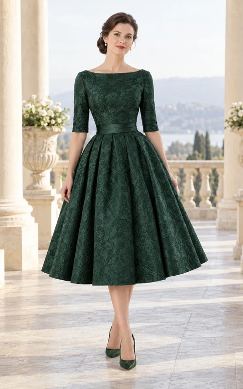 Robe de bal trapèze vert foncé à manches bateau en brocart, longueur thé, années 1950