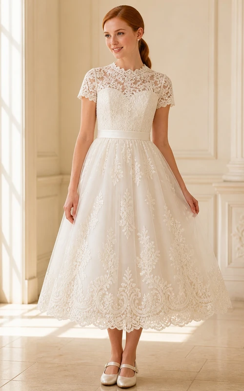 Vestido de novia civil vintage de corte A hasta la rodilla con cuello alto y estilo capitoné.