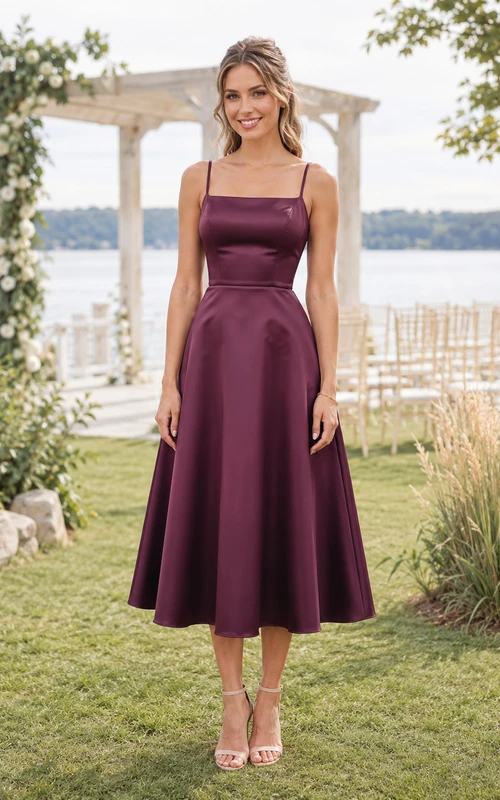 Plum Square Neck Spaghetti Satin Tea Length Guest Dress