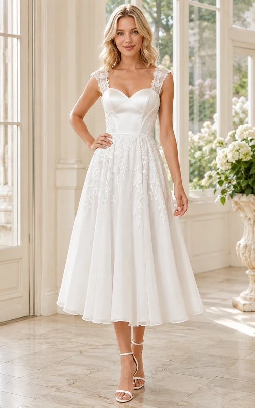 Weißes, romantisches Cocktailkleid aus Tüll und Spitze mit Herzausschnitt, A-Linie, Teelänge