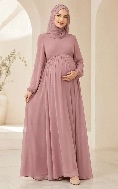 Vestido de maternidad de manga larga, cuello alto y estilo imperio, de gasa.