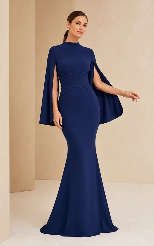 Royal Blue Bateau Crepe Cape Sleeve Evening Dress