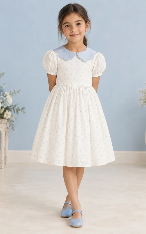 Modest Ivory Blue Dotted Tea-length Broad Collar Rounded Puff Sleeve Flower Girl Dress