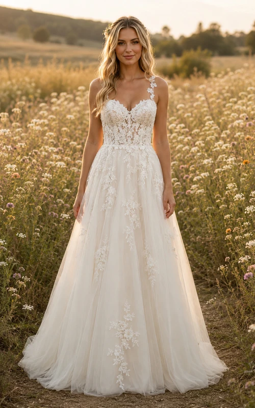 Robe de mariée champêtre en dentelle, coupe trapèze, bretelles fleuries et jupe en tulle.