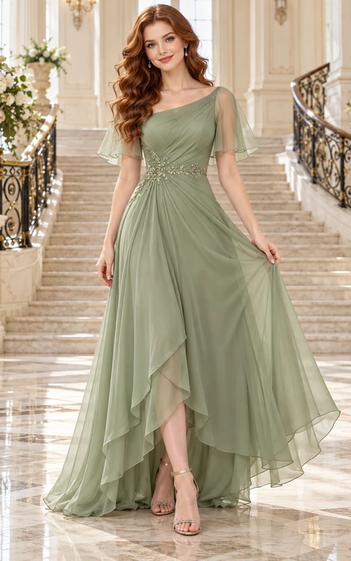 Sage High-low One-Shoulder Flutter Sleeve Chiffon Formal Evening Dress