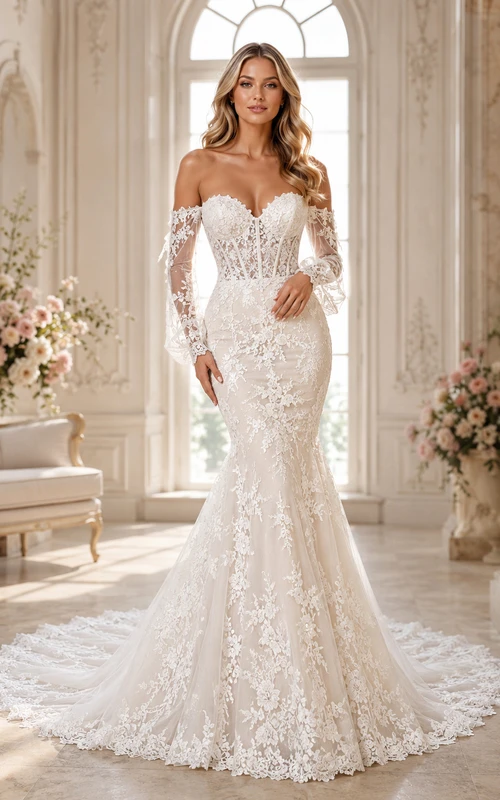 Robe de mariée sirène en dentelle, épaules dénudées, manches amovibles et traîne chapelle, idéale pour une cérémonie.