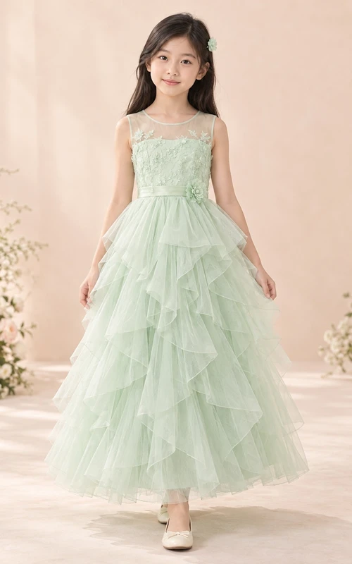 Mint Illusion Neck Sleeveless Floral Lace Cascading Tulle Flower Girl Dress