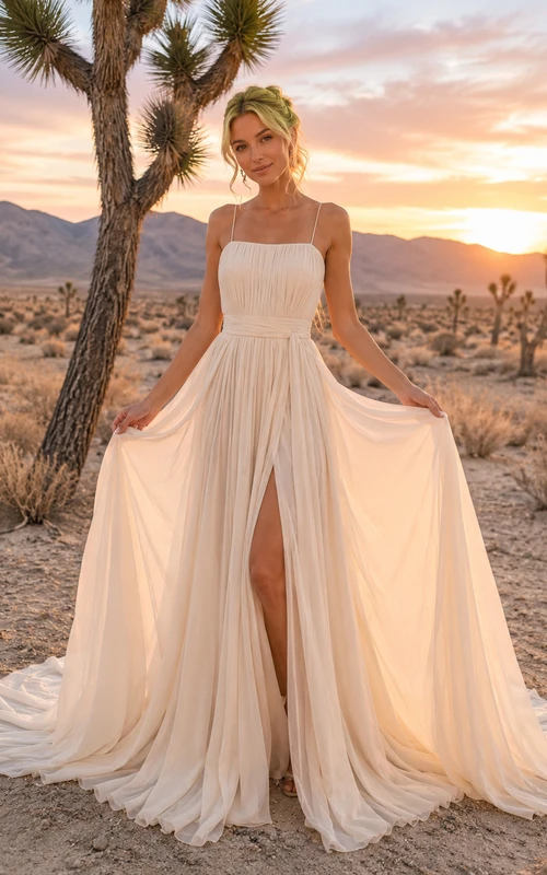 Robe bohème à fines bretelles fendue en mousseline fluide pour une escapade dans le désert