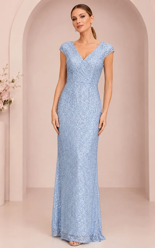Himmelblaues Paillettenkleid mit V-Ausschnitt und kurzen Ärmeln
