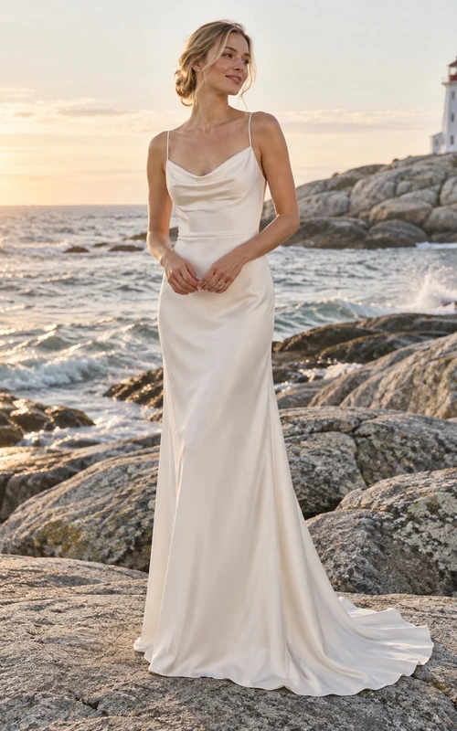 Schlichtes Brautkleid im Meerjungfrauenstil aus Satin mit Wasserfallausschnitt, Spaghettiträgern, tiefem Rückenausschnitt und Schleppe.