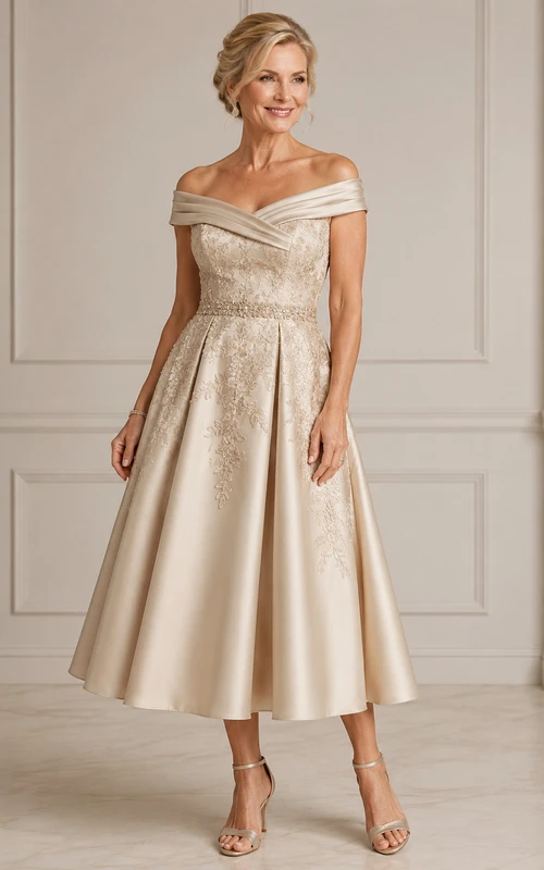 Robe champagne épaules dénudées, longueur thé, coupe trapèze, décolleté cœur, longueur thé