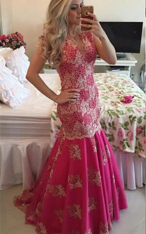 Elegantes Meerjungfrauen-Abendkleid mit Spitzenapplikationen, Pailletten und fuchsiafarbener Schleppe