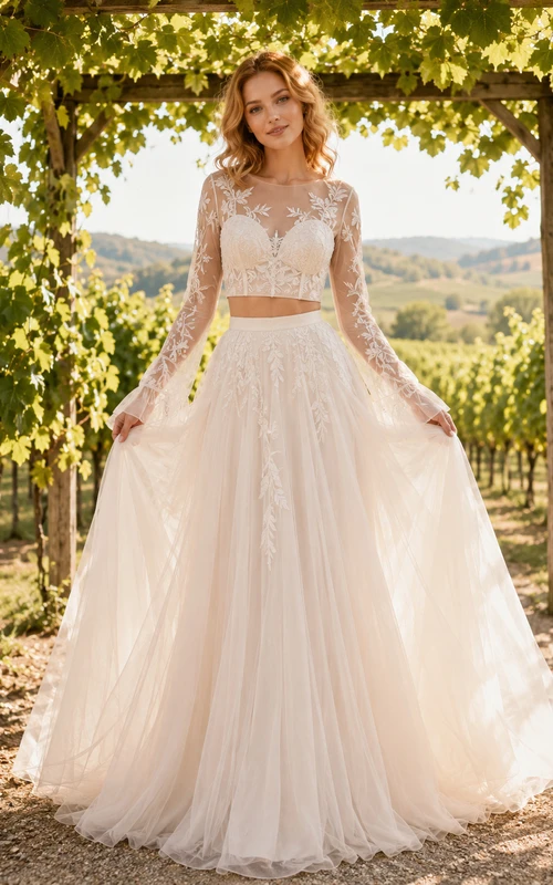 Boho Two Piece Long Sleeve Lace Tulle A-Line Wedding Dress