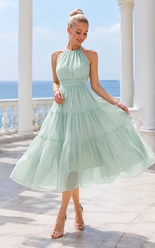 Mint Chiffon Halter Tiered A-line Tea-length Midi Dress