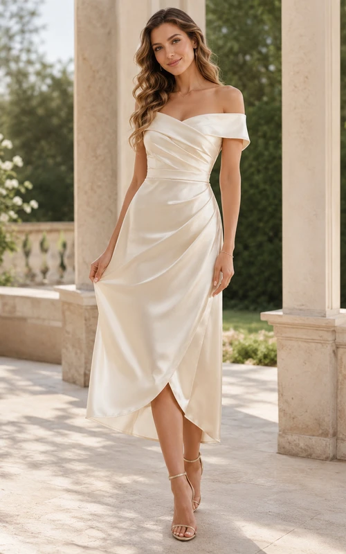 Elegante vestido de cóctel asimétrico de satén color marfil con escote Bardot y fruncido, largo midi.