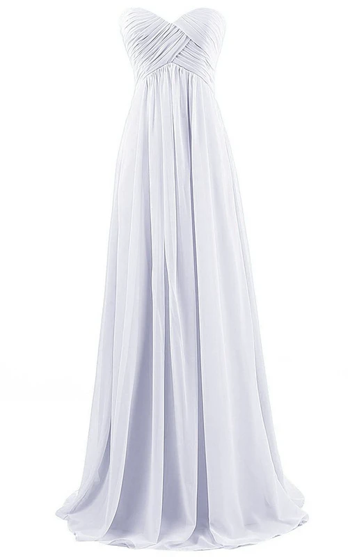 Vestido largo de gasa plisado con corpiño asimétrico fruncido y escote corazón
