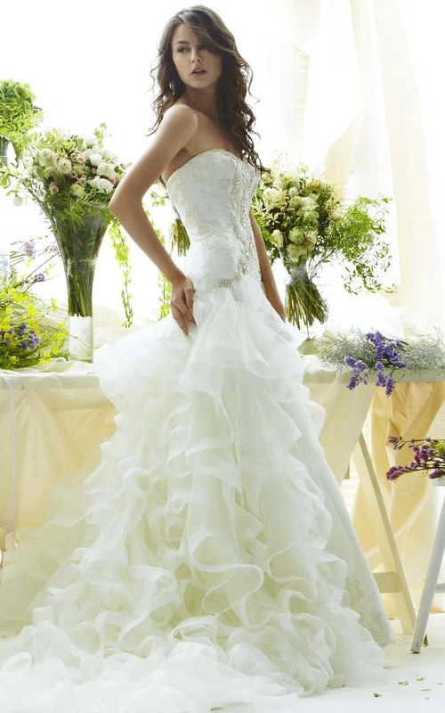 Vestido de novia largo sin tirantes, sin mangas, de organza, con volantes, corte en A, apliques y pedrería.