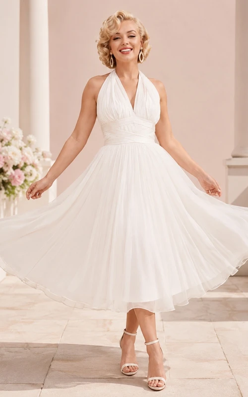White Halter Satin Flowing Tea-Length Vintage Guest Dress