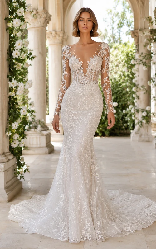 Robe de mariée sirène à manches longues et décolleté en V profond en dentelle ornée, traîne chapelle et appliques, idéale pour un mariage à destination.
