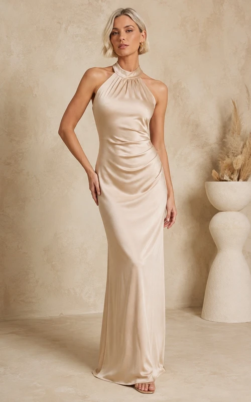 Ivory Halter Neck Sleeveless Stretch Satin Sheath Floor Evening Dress