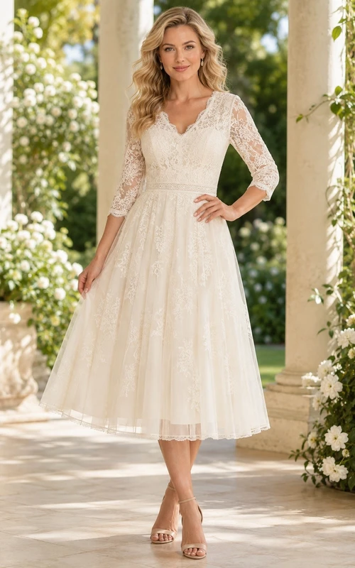 Robe de cocktail trapèze en dentelle ivoire, longueur thé, manches trois-quarts, coupe modeste.