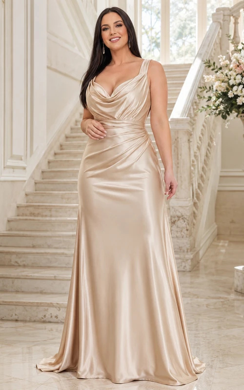 Satinkleid mit Wasserfallausschnitt, champagnerfarbenem Schnitt, bodenlang, ärmellos, sexy und elegant – ein perfektes Abendkleid für Prominente.