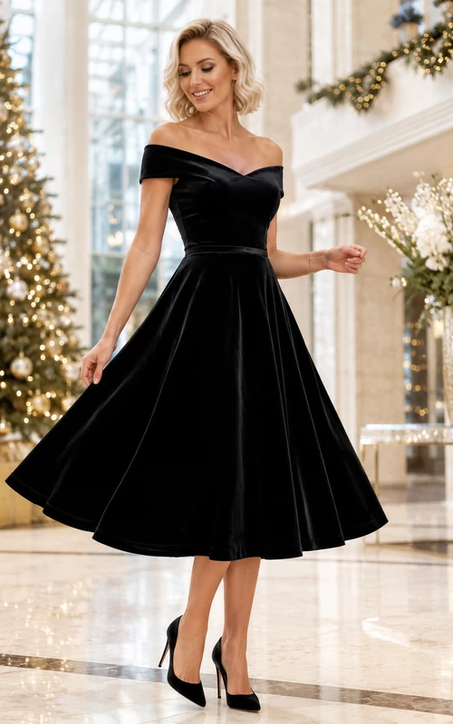 Schwarzes schulterfreies, ärmelloses A-Linien-Kleid aus Samt in Teelänge für festliche Anlässe – Weihnachtskleid