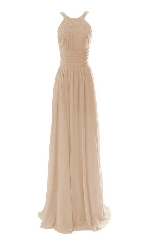 High-neck Long Chiffon Dress With Ruched Waist