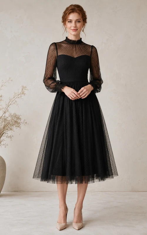Black Modest Long Illusion Sleeve High Neck Tulle Tea-Length A-Line Formal Dress