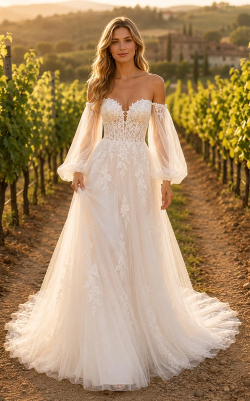 Off-the-Shoulder Puff Sleeve A-Line Wedding Dress
