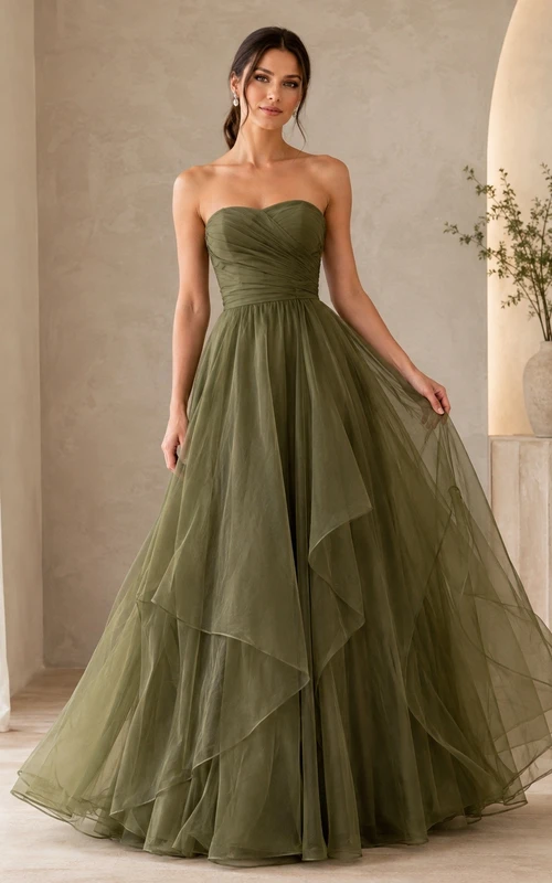 Luxury Sage Strapless Layered Tulle Ball Gown Formal Dress